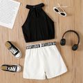 2pcs Kid Girl Halter Camisole and Letter Print Belted Pocket design Shorts Set Black
