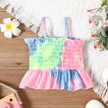 Baby Girl Button Front Tie Dye Smocked Ruffle Spaghetti Strap Top Colorful image 2