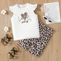2pcs Kid Girl Letter Heart Print Flutter-sleeve White Tee and Leopard Print Shorts Set White
