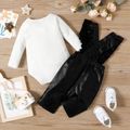 2pcs Baby Girl Solid Long-sleeve Romper and Faux Leather Ruffle Overalls Set Black