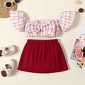 2pcs Baby Girl 100% Cotton Plaid Off Shoulder Short-sleeve Bowknot Crop Top and Solid Skirt Set WineRed image 1