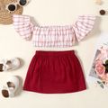 2pcs Baby Girl 100% Cotton Plaid Off Shoulder Short-sleeve Bowknot Crop Top and Solid Skirt Set WineRed image 2