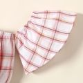 2pcs Baby Girl 100% Cotton Plaid Off Shoulder Short-sleeve Bowknot Crop Top and Solid Skirt Set WineRed image 4
