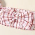 2pcs Baby Girl 100% Cotton Plaid Off Shoulder Short-sleeve Bowknot Crop Top and Solid Skirt Set WineRed image 3