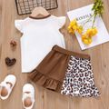 2pcs Toddler Girl Letter Print Flutter-sleeve Tee and Leopard Print Splice Belted Skirt Set White