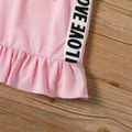 2pcs Baby Girl Letter Print Ribbed Spaghetti Strap Top and Ruffle Skirt Set Pink