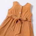 Toddler Girl Solid Color Button Design Ribbed Ruffled Belted Sleeveless Rompers Orange image 3