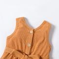 Toddler Girl Solid Color Button Design Ribbed Ruffled Belted Sleeveless Rompers Orange image 4