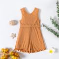 Toddler Girl Solid Color Button Design Ribbed Ruffled Belted Sleeveless Rompers Orange image 2