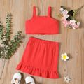 2pcs Toddler Girl 100% Cotton Solid Color Button Design Camisole and Ruffle Hem Skirt Set Red-2