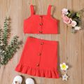 2pcs Toddler Girl 100% Cotton Solid Color Button Design Camisole and Ruffle Hem Skirt Set Red-2 image 1