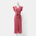 Family Matching Solid Ruffle-sleeve V Neck Knot Front Split Dresses and Colorblock Short-sleeve T-shirts Sets Brick red