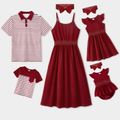 Family Matching Solid Spaghetti Strap Lace Cotton Dresses and Striped Short-sleeve Tops Sets WineRed