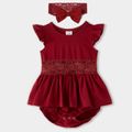 Family Matching Solid Spaghetti Strap Lace Cotton Dresses and Striped Short-sleeve Tops Sets WineRed image 4