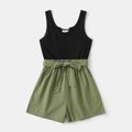 100% Cotton Ribbed and Solid Splicing Sleeveless Belted Romper for Mom and Me Army green image 2