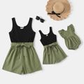 100% Cotton Ribbed and Solid Splicing Sleeveless Belted Romper for Mom and Me Army green image 1