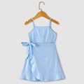 100% Cotton Light Blue Sleeveless Spaghetti Strap Ruffle Tulip Hem Self-tie Dress for Mom and Me Light Blue