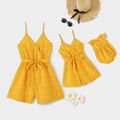 All Over Floral Print Yellow V Neck Spaghetti Strap Belted Romper for Mom and Me Yellow
