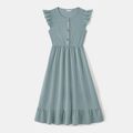 Solid Waffle Ruffle Flutter Sleeve Dress for Mom and Me Blue grey