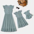 Solid Waffle Ruffle Flutter Sleeve Dress for Mom and Me Blue grey