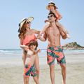 Family Matching Tropical Plant Print Pink Swim Trunks Shorts and Layered Ruffle Two-Piece Swimsuit Pink