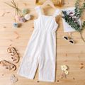 Kid Girl Solid Color Ruffled Floral Lace Design Sleeveless Wide Leg Capri Jumpsuits White