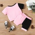 2pcs Baby Boy/Girl Letter Print Colorblock Short-sleeve Tee and Shorts Set Pink image 3