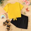 2pcs Kid Girl Butterfly Print Tie Knot Short-sleeve Tee and Letter Print Shorts Set Yellow image 2
