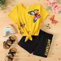 2pcs Kid Girl Butterfly Print Tie Knot Short-sleeve Tee and Letter Print Shorts Set Yellow image 1