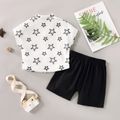 2pcs Toddler Boy Star Print Button Design Short-sleeve Shirt and Black Shorts Set White