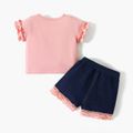 Sleepy Eyes Toddler Girl 2pcs Unicorn Print Ruffle Decor Short-sleeve Pink T-shirt Top and Denim Lace Splice Dark Blue Shorts Set Pink