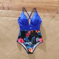 Family Matching Blue Floral Print Splicing V Neck Spaghetti Strap One-Piece Swimsuit and Swim Trunks Shorts Blue
