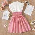 Kid Girl Button Design Smocked Splice Ruffled Flutter-sleeve Dress Pink
