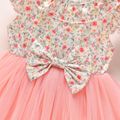Floral Allover Ruffle and Bow Decor Mesh Layered Flutter-sleeve Pink Toddler Dress Pink