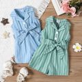 Baby Girl Striped Lapel Collar Button Up Belted Sleeveless Tank Romper greenwhite image 2