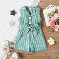 Baby Girl Striped Lapel Collar Button Up Belted Sleeveless Tank Romper greenwhite image 1