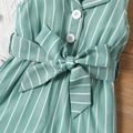 Baby Girl Striped Lapel Collar Button Up Belted Sleeveless Tank Romper greenwhite image 5