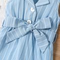 Baby Girl Striped Lapel Collar Button Up Belted Sleeveless Tank Romper BLUEWHITE