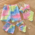 Family Matching Tie Dye V Neck Self-tie Hollow Out Spaghetti Strap One-Piece Swimsuit and Swim Trunks Shorts Multi-color image 2