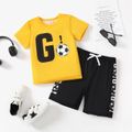 2pcs Kid Boy Letter Soccer Print Short-sleeve Tee and Colorblock Shorts Set Yellow