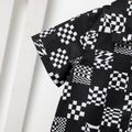 2pcs Toddler Boy Allover Print Lapel Collar Button Design Black Shirt and Shorts Set BlackandWhite