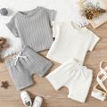 2pcs Baby Boy/Girl Solid Knitted Short-sleeve Top and Shorts Set Grey image 2