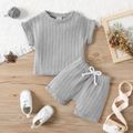 2pcs Baby Boy/Girl Solid Knitted Short-sleeve Top and Shorts Set Grey image 1