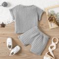 2pcs Baby Boy/Girl Solid Knitted Short-sleeve Top and Shorts Set Grey image 3