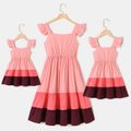 Colorblock Square Neck Flutter-sleeve Tiered Dress for Mom and Me Colorful image 1