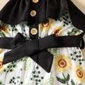 2pcs Baby Girl Black Spaghetti Strap Belted Splicing Floral Print Romper with Headband Set Multi-color image 3
