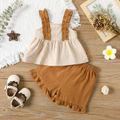 100% Cotton 2pcs Baby Girl Ruffle Sleeveless Top and Shorts Set Apricot image 3
