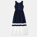 Family Matching Colorblock Button Front Sleeveless Maxi Dresses and Short-sleeve T-shirts Sets royalblue