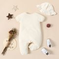100% Cotton Crepe Baby Girl Solid Puff-sleeve Button Up Jumpsuit with Hat Set Apricot