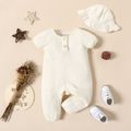 100% Cotton Crepe Baby Girl Solid Puff-sleeve Button Up Jumpsuit with Hat Set Apricot